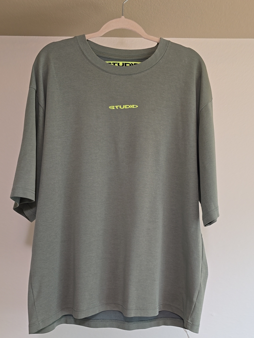 STUDIO Olive Green Short Sleeve Tee with Neon Yellow Logo